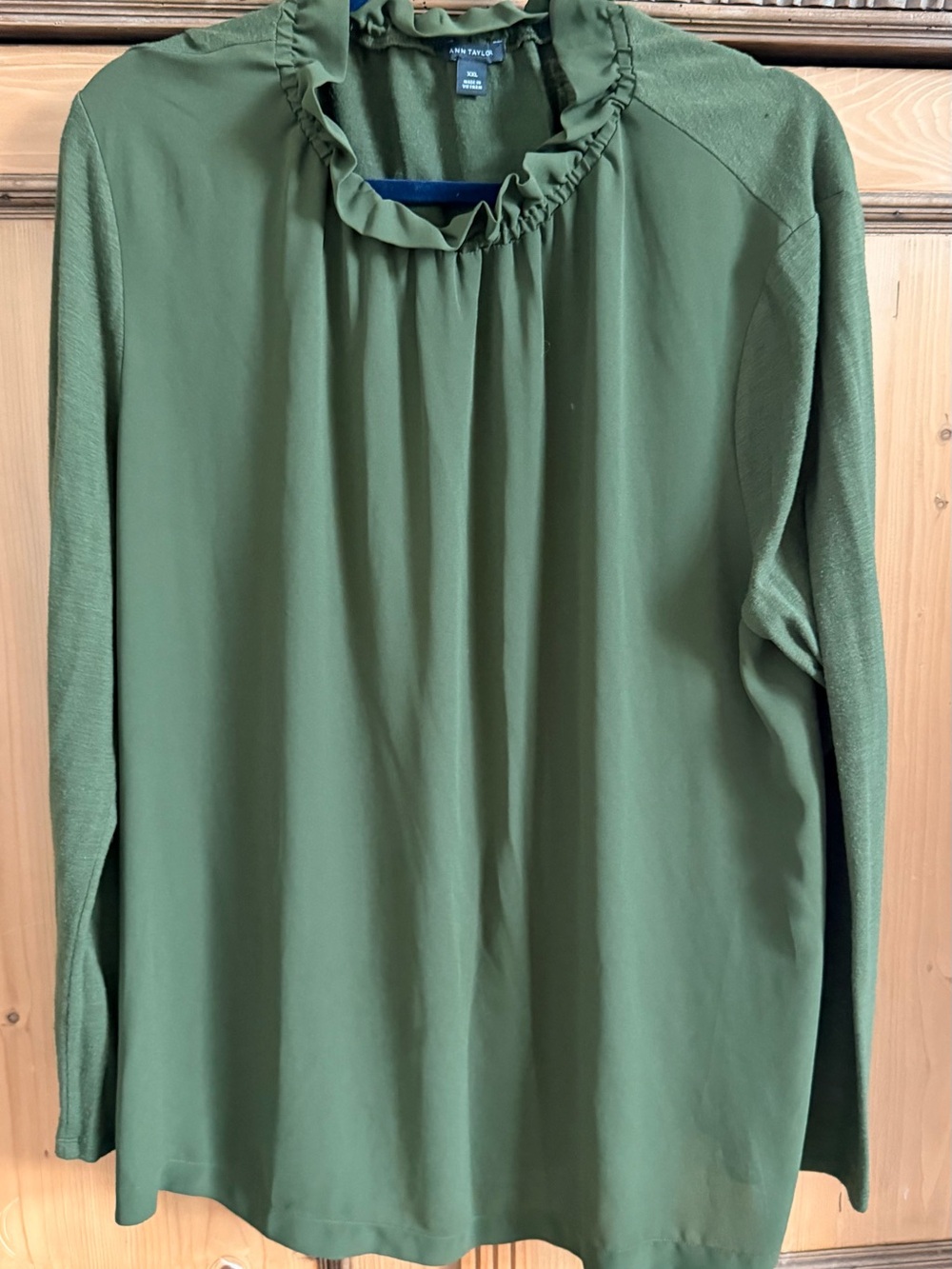 NWOT Ann Taylor Olive Green Ruffle-Neck Long Sleeve Blouse